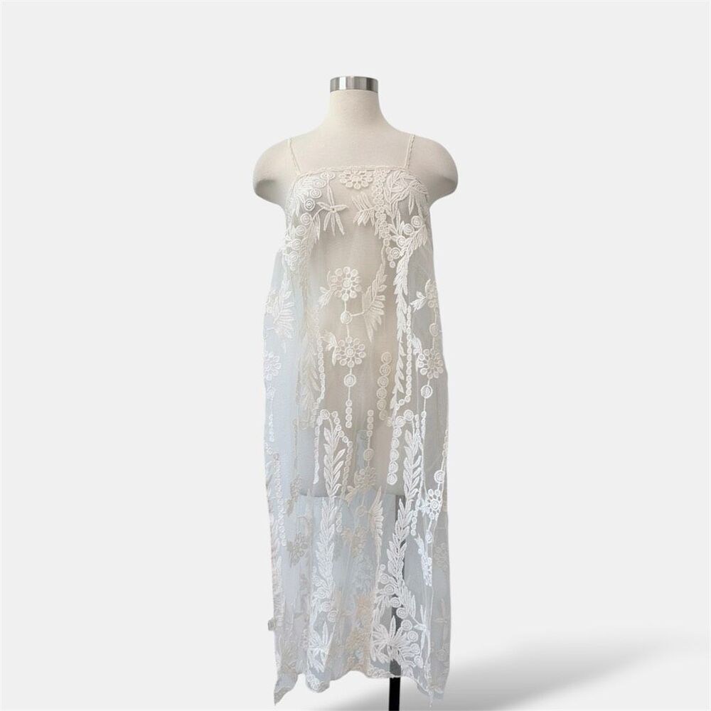 365 Off White Cream Sheer Lace Blouse Tank Long Beach Coverup Floral Boho Small
